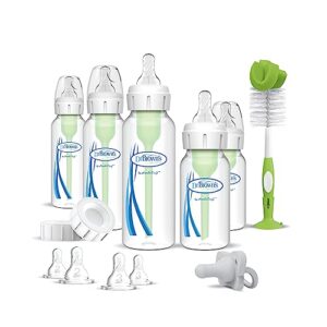 dr. brown's anti-colic options+ newborn essentials gift set with 4oz and 8oz baby bottles, baby bottle brush and happypaci