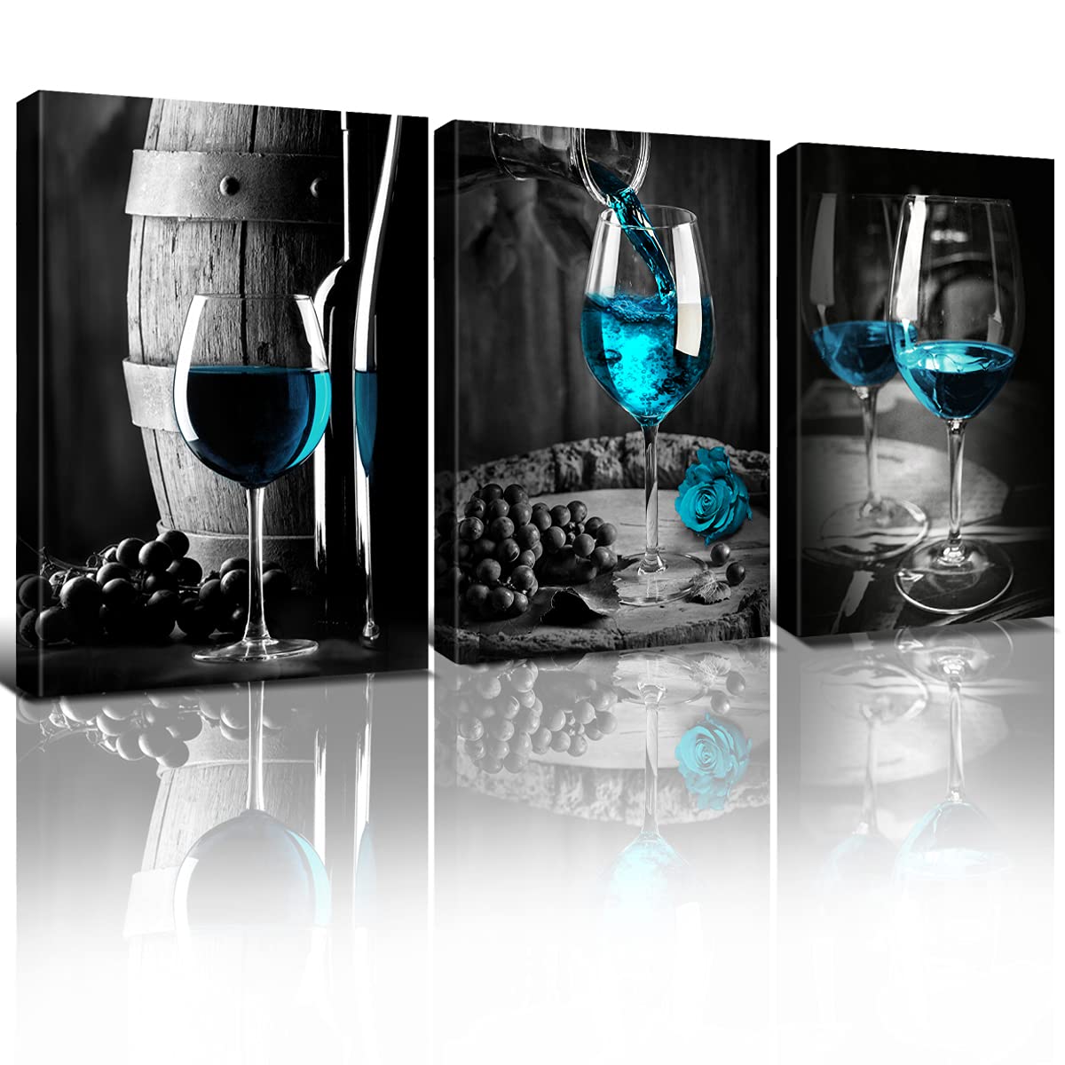 Teal Wine Glass Wall Art for Kitchen Dining Room Turquoise Wine Wall Decor Vintage Wine Pictures Canvas Prints Blue Gray Wine Paintings Cask Barrel Posters Contemporary Home Decorations 20x28” 3 Pcs