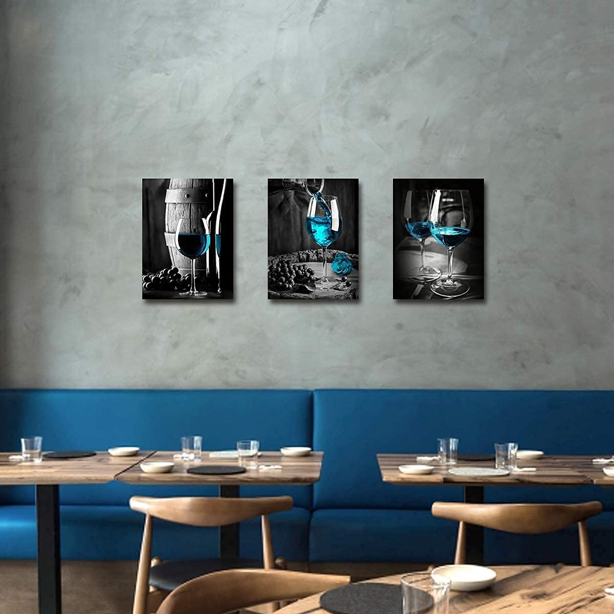 Teal Wine Glass Wall Art for Kitchen Dining Room Turquoise Wine Wall Decor Vintage Wine Pictures Canvas Prints Blue Gray Wine Paintings Cask Barrel Posters Contemporary Home Decorations 20x28” 3 Pcs