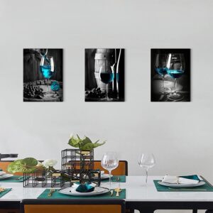 Teal Wine Glass Wall Art for Kitchen Dining Room Turquoise Wine Wall Decor Vintage Wine Pictures Canvas Prints Blue Gray Wine Paintings Cask Barrel Posters Contemporary Home Decorations 20x28” 3 Pcs