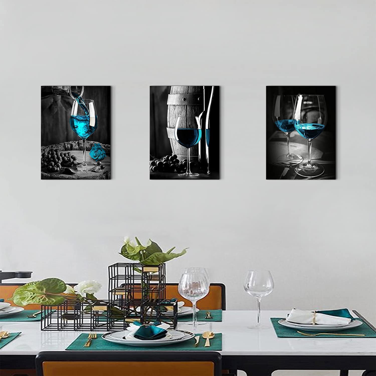 Teal Wine Glass Wall Art for Kitchen Dining Room Turquoise Wine Wall Decor Vintage Wine Pictures Canvas Prints Blue Gray Wine Paintings Cask Barrel Posters Contemporary Home Decorations 20x28” 3 Pcs