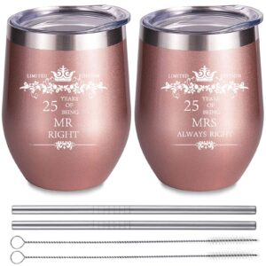 cofoza 25 years anniversary wedding engagement marriage cups set for couples 2 pack rose gold stainless steel wine tumbler glass 25th anniversary mr right mrs always right