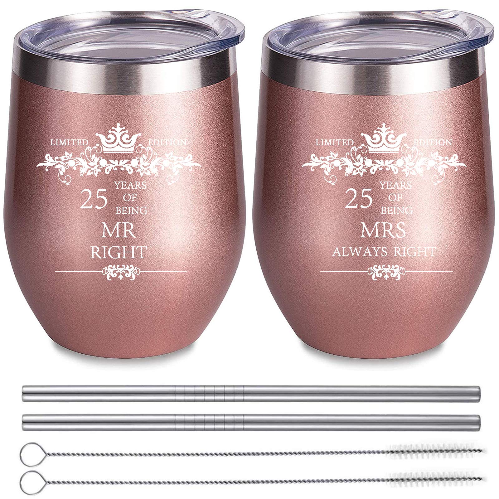 COFOZA 25 Years Anniversary Wedding Engagement Marriage Cups Set for Couples 2 Pack Rose Gold Stainless Steel Wine Tumbler Glass 25th Anniversary Mr Right Mrs Always Right