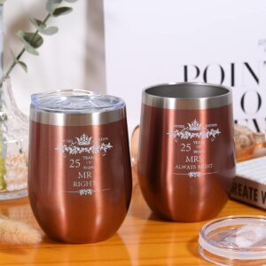 COFOZA 25 Years Anniversary Wedding Engagement Marriage Cups Set for Couples 2 Pack Rose Gold Stainless Steel Wine Tumbler Glass 25th Anniversary Mr Right Mrs Always Right
