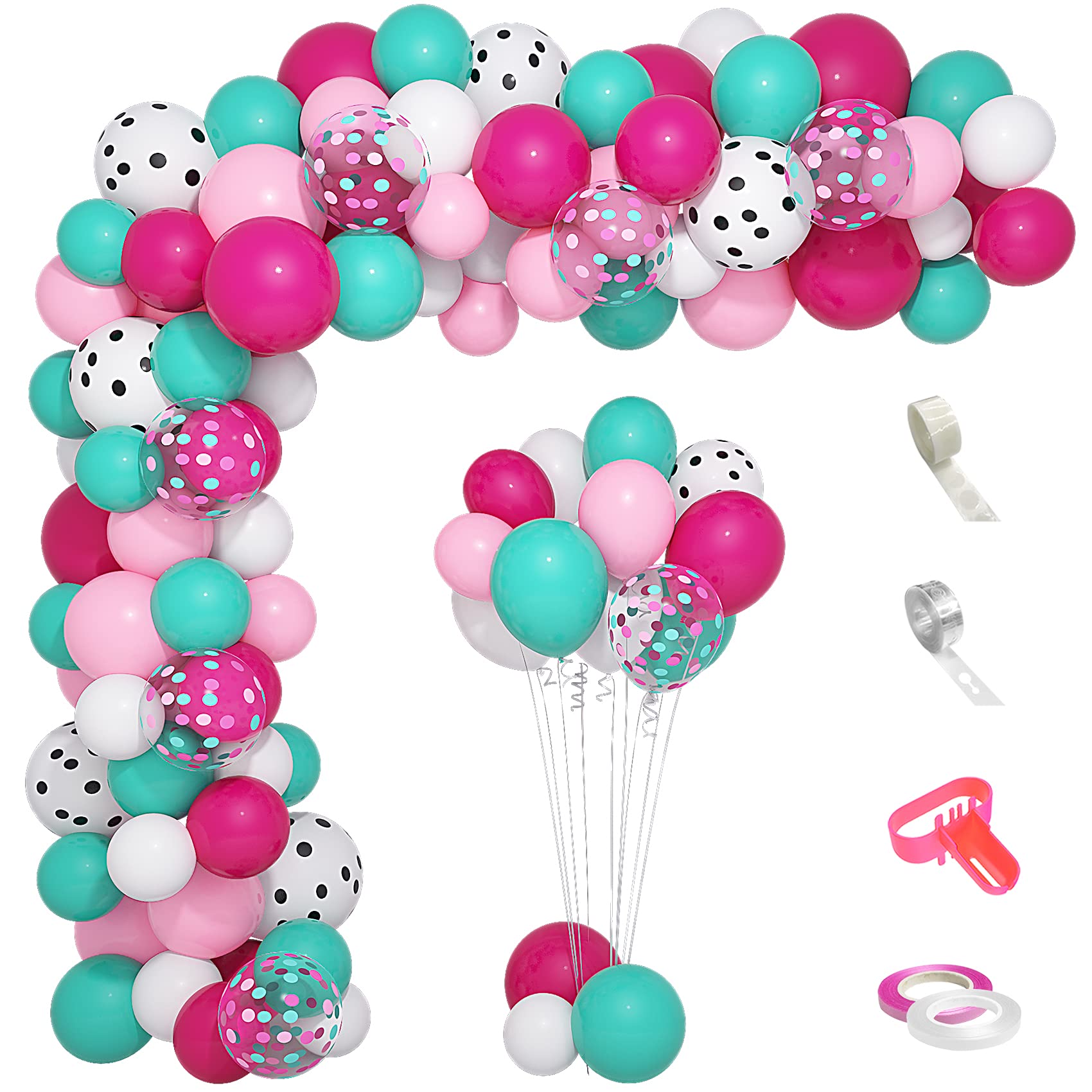 Ouddy 142Pcs Surprise Party Balloons Garland Arch Kit, Rose Red Pink White Polka Dots Sea Blue Confetti Balloons & 5Tools for Kids Baby Shower Surprise Birthday Party Theme Supplies Decorations