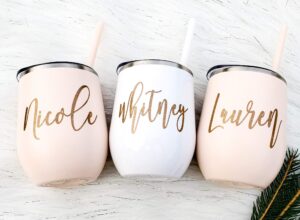 personalized stemless wine cup tumbler stainless steel, girls trip gift, wedding party gifts, bridesmaid gift, travel wine cup with lid, bachelorette cups, personalized wine glasses, vinyl decal