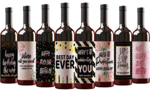 8 birthday wine bottle labels stickers present, bday gifts for her women him men, any age years birthday party decoration centerpiece supplies for wife, mom, husband, dad, friend (wine not included)