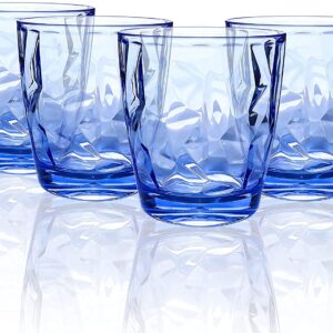 Topsky 10 oz Plastic Water Tumblers | Set of 4 Transparent Unbreakable Drinking Glasses Clear Acrylic Reusable Juice Wine Cups for Home Picnic Party, Dishwasher Safe, Stackable (Blue)