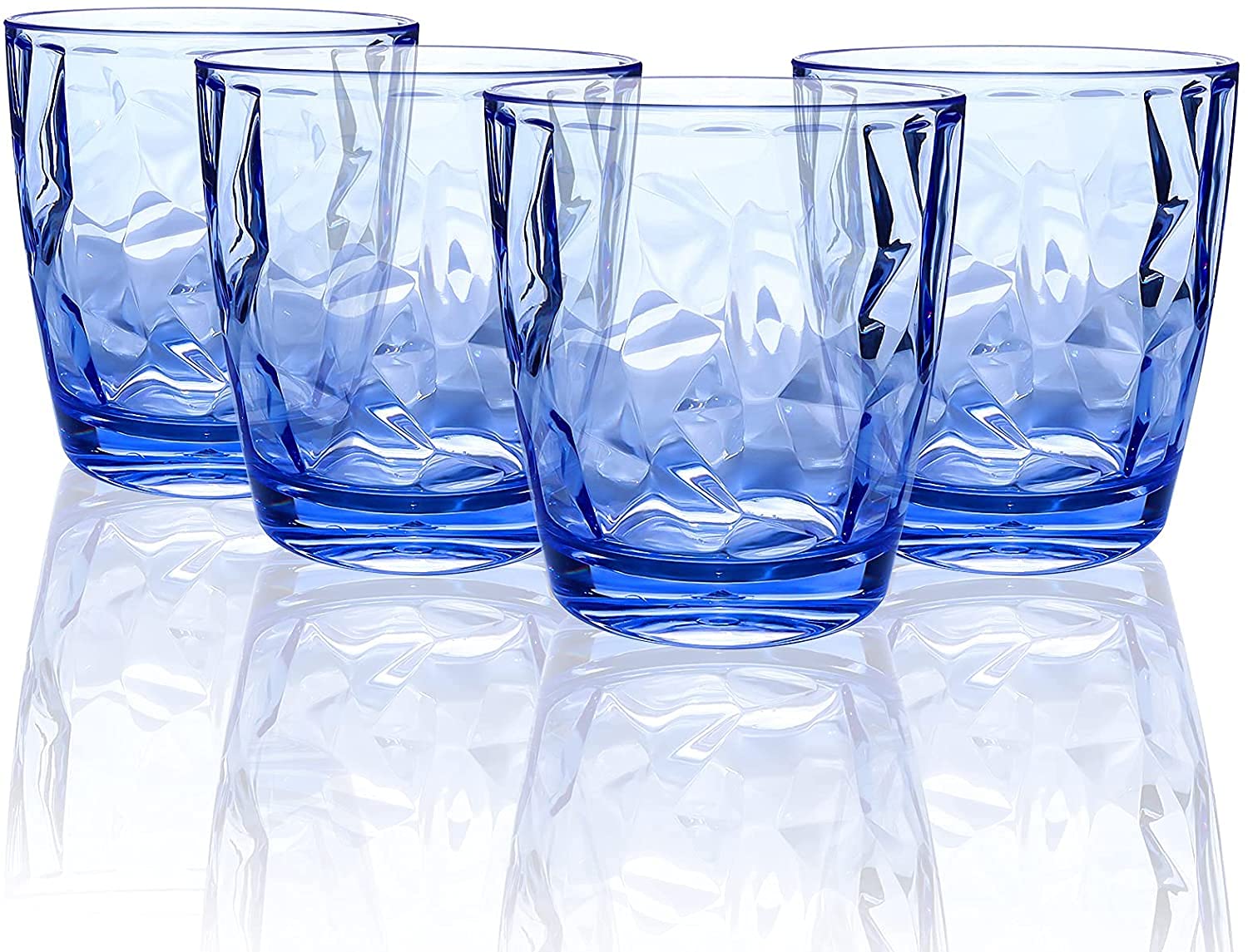 Topsky 10 oz Plastic Water Tumblers | Set of 4 Transparent Unbreakable Drinking Glasses Clear Acrylic Reusable Juice Wine Cups for Home Picnic Party, Dishwasher Safe, Stackable (Blue)