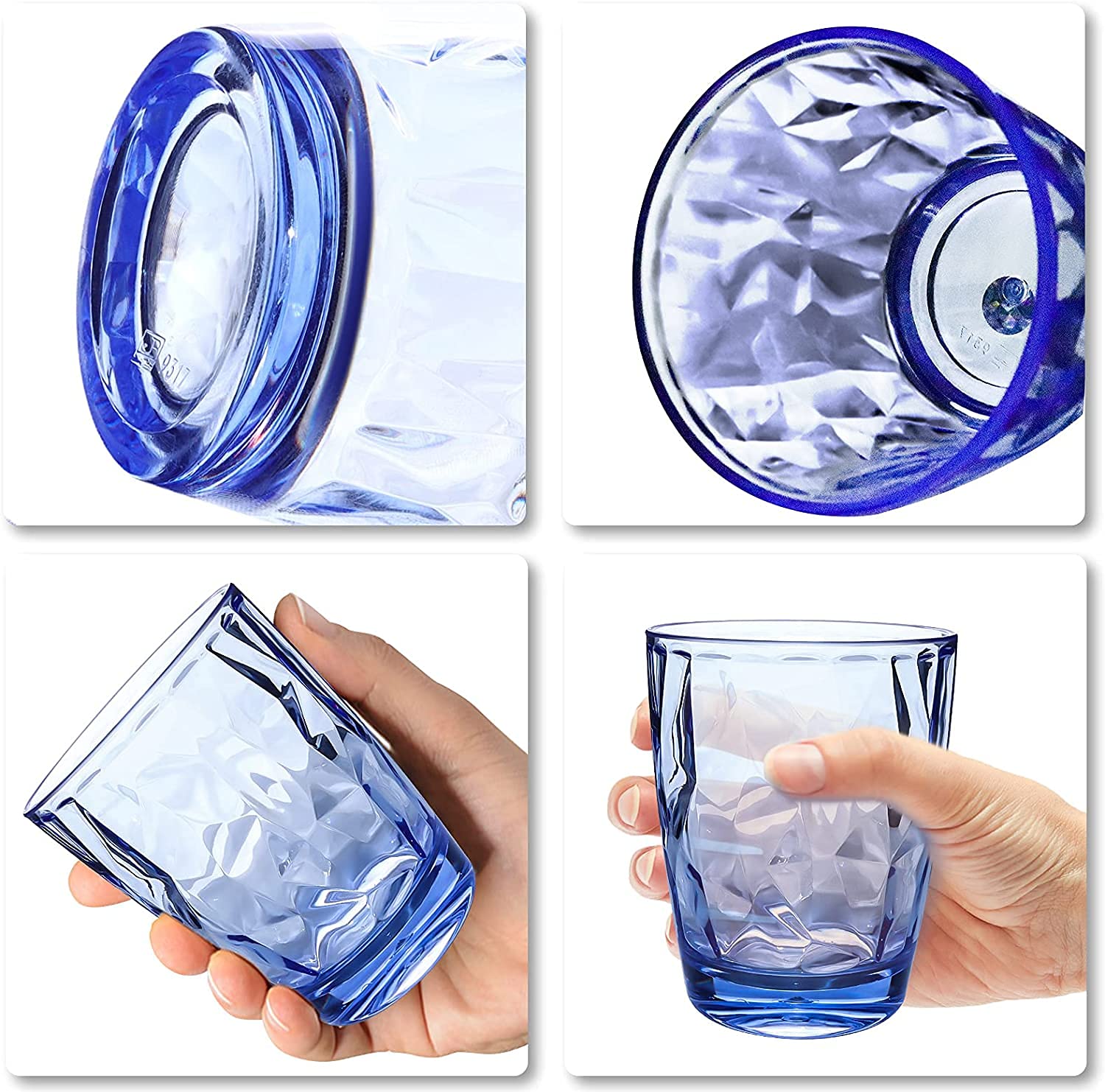 Topsky 10 oz Plastic Water Tumblers | Set of 4 Transparent Unbreakable Drinking Glasses Clear Acrylic Reusable Juice Wine Cups for Home Picnic Party, Dishwasher Safe, Stackable (Blue)