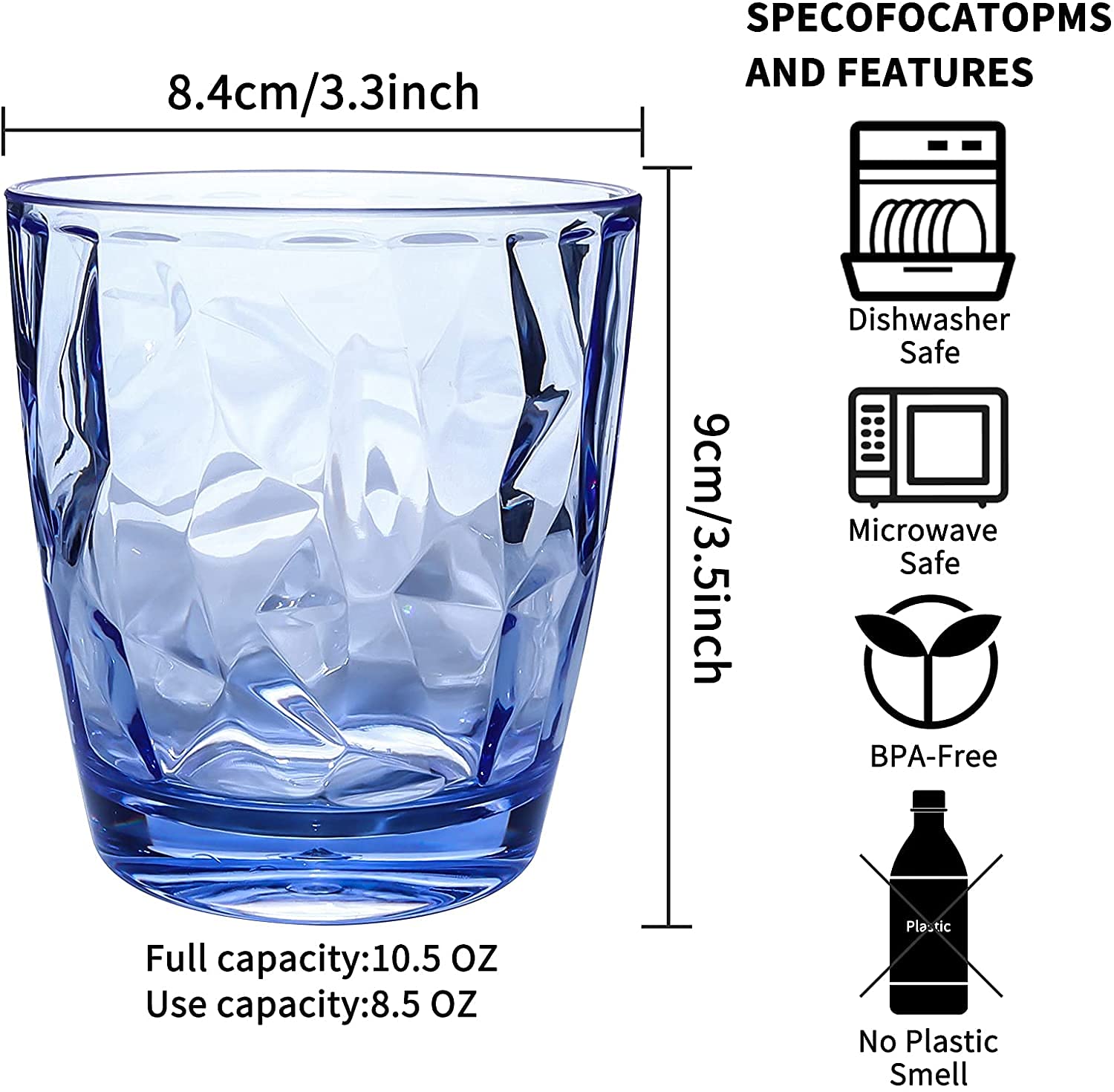 Topsky 10 oz Plastic Water Tumblers | Set of 4 Transparent Unbreakable Drinking Glasses Clear Acrylic Reusable Juice Wine Cups for Home Picnic Party, Dishwasher Safe, Stackable (Blue)