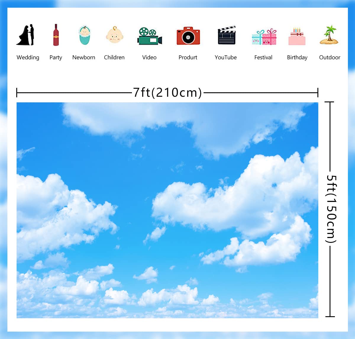 WR Blue Sky White Cloud Backdrop Sky Cloud Photography Background Kids Birthday Baby Shower Wedding Party Decoration Studio Props 7x5FT