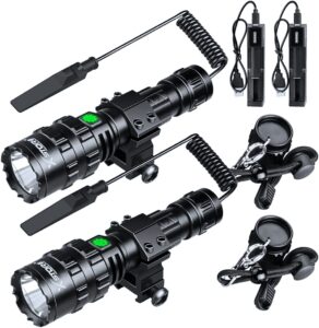 x.store 2 pack led flashlight with picatinny rail mount, airsoft flashlights usb picatinny rail flashlights 5000 high lumen rifle light, 5 modes rifle flashlight - remote switch included