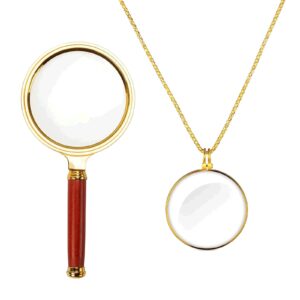 10x handheld magnifier mahogany handle magnifier and 5x necklace magnifier reading magnifying glass for reading,insect observation, rocks, map, crossword puzzle,jewelry