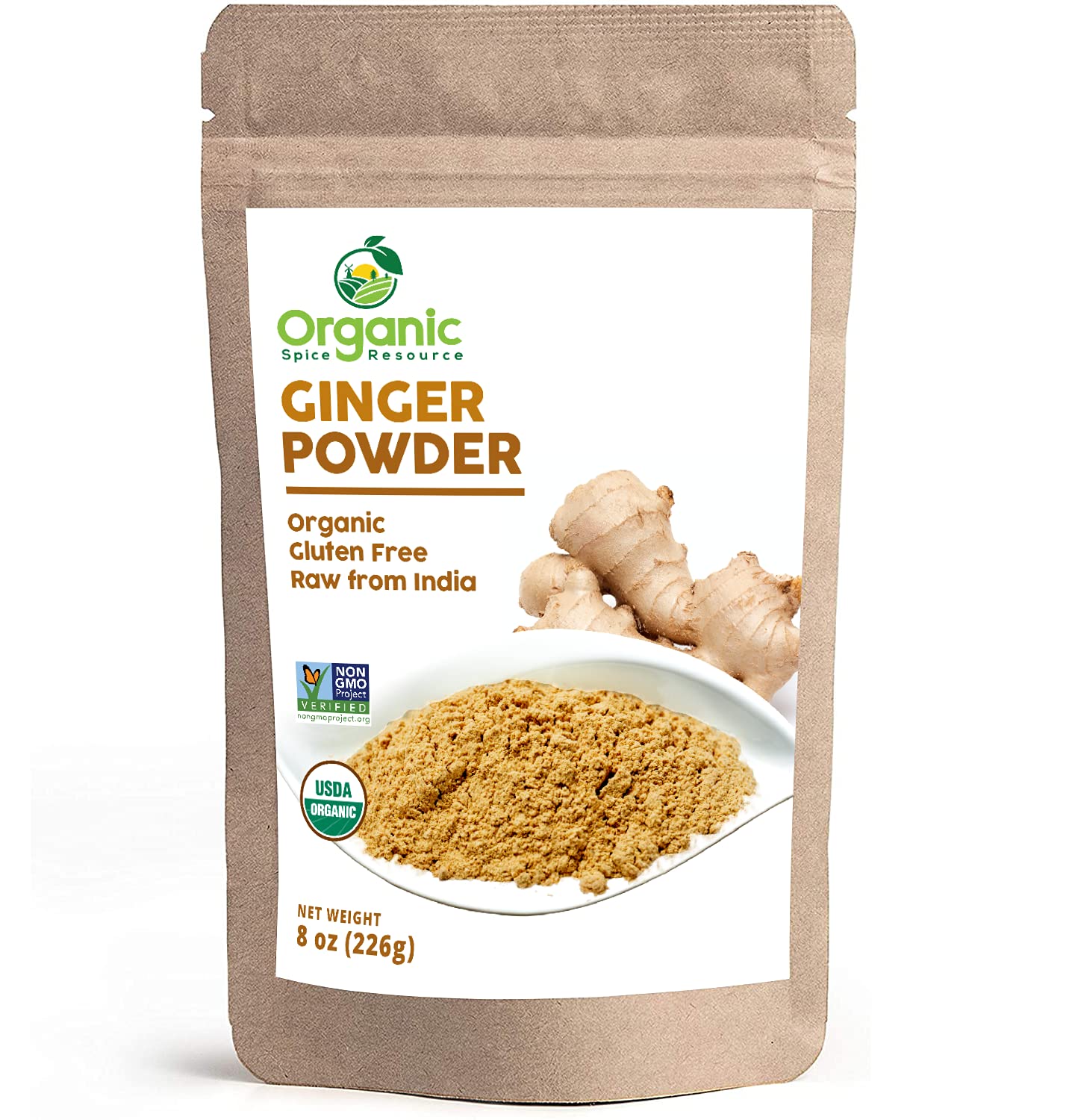 Organic Ginger Powder | 8 oz (226g) | USDA Organics and Non-GMO Verified Project Approved | Product of India | 100% Raw and Natural | Resealable Kraft Bag by SHOPOSR