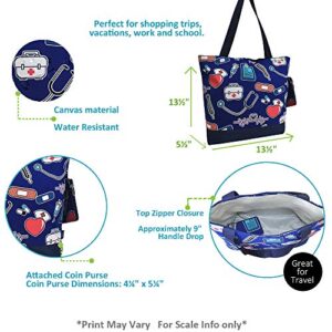 NGIL Medium Top Zipper Closure Canvas Tote Bag with Attached Matching Coin Purse For Teachers, Moms, Students and Nurses (Nurse Theme-navy)