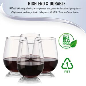 Kaya Elegant Clear Stemless Disposable Plastic Wine Glasses - 16 oz. (16 Pack) - Perfect for Parties, Weddings & Catering