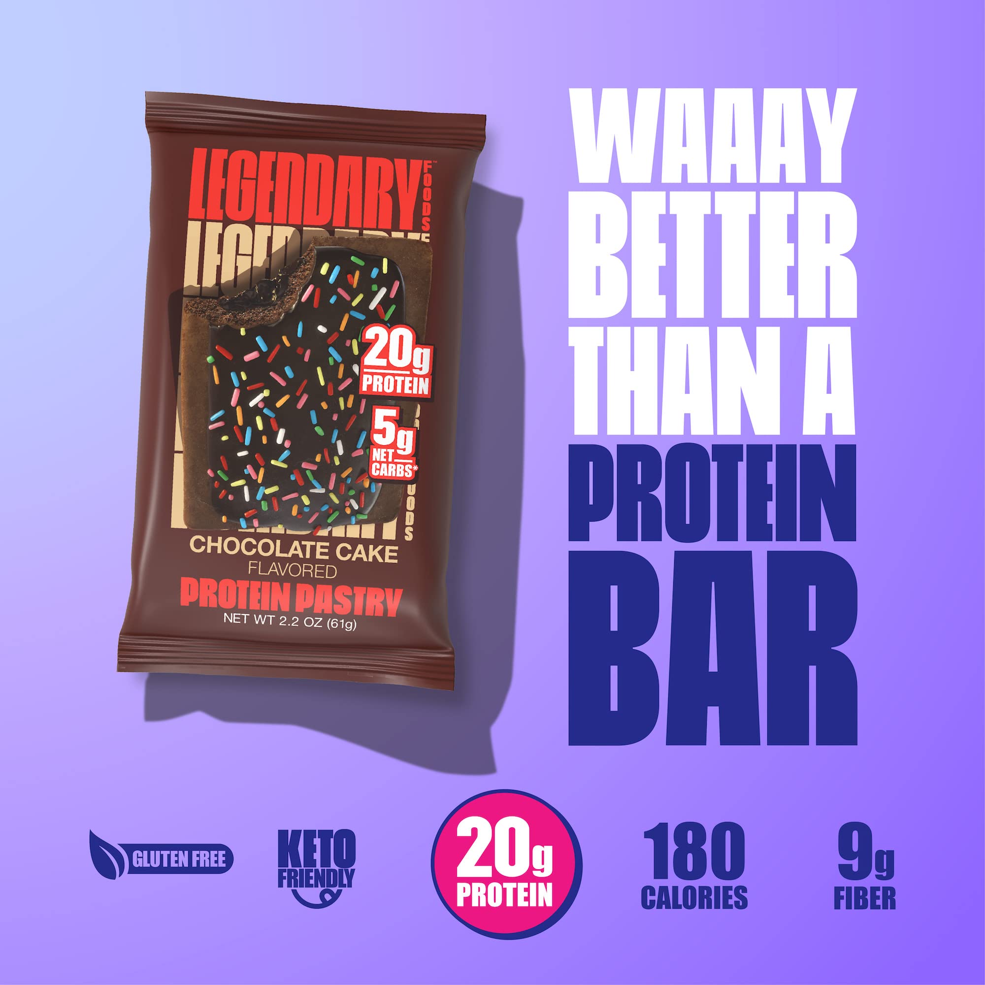 Legendary Foods 20 gr Protein Pastry | Low Carb, Tasty Protein Bar Alternative | Keto Friendly | No Sugar Added | High Protein Breakfast Snacks | Gluten Free Keto Food - Chocolate Cake (8-Pack)
