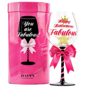 happy retirement party wine glass for women | fun gift idea for retired female coworker, colleague, best friend, mom, teacher, doctor, boss | funny 23 oz cocktail glass present for woman
