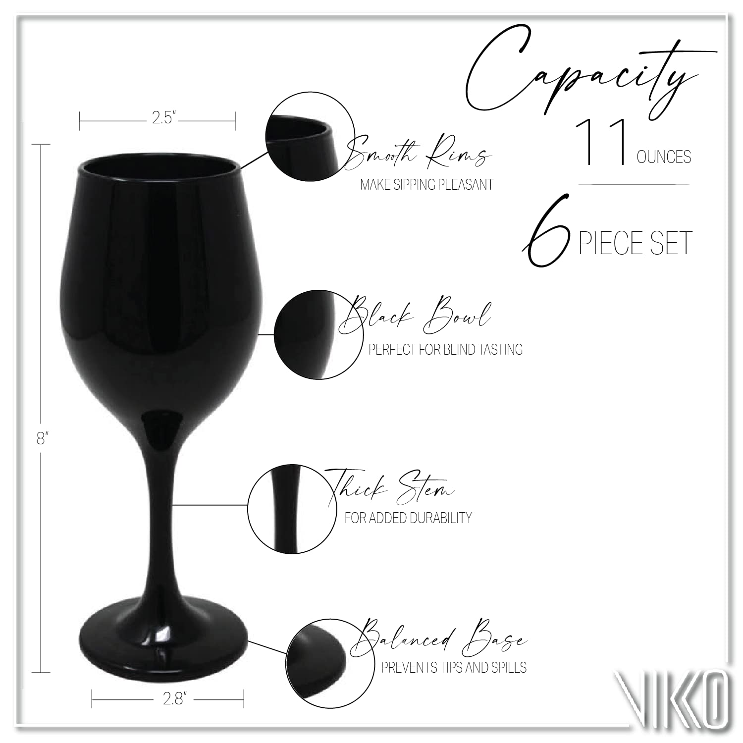 Vikko Décor Black Wine Glasses: 11 Oz Fancy Wine Glasses With Stem For Red And White Wine- Thick And Durable Wine Glass- Dishwasher Safe - Great For Wine Tasting- Set Of 6 Decorative Goblets