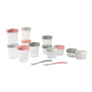 beaba clip containers set of 12 + 2 spoons, baby food storage containers, food storage containers with lid, baby food + toddler snack containers (eucalyptus)
