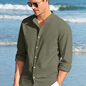 Makkrom Men's Cotton Linen Shirts Long Sleeve Button Down Band Collar Summer Beach Shirt Top Army Green