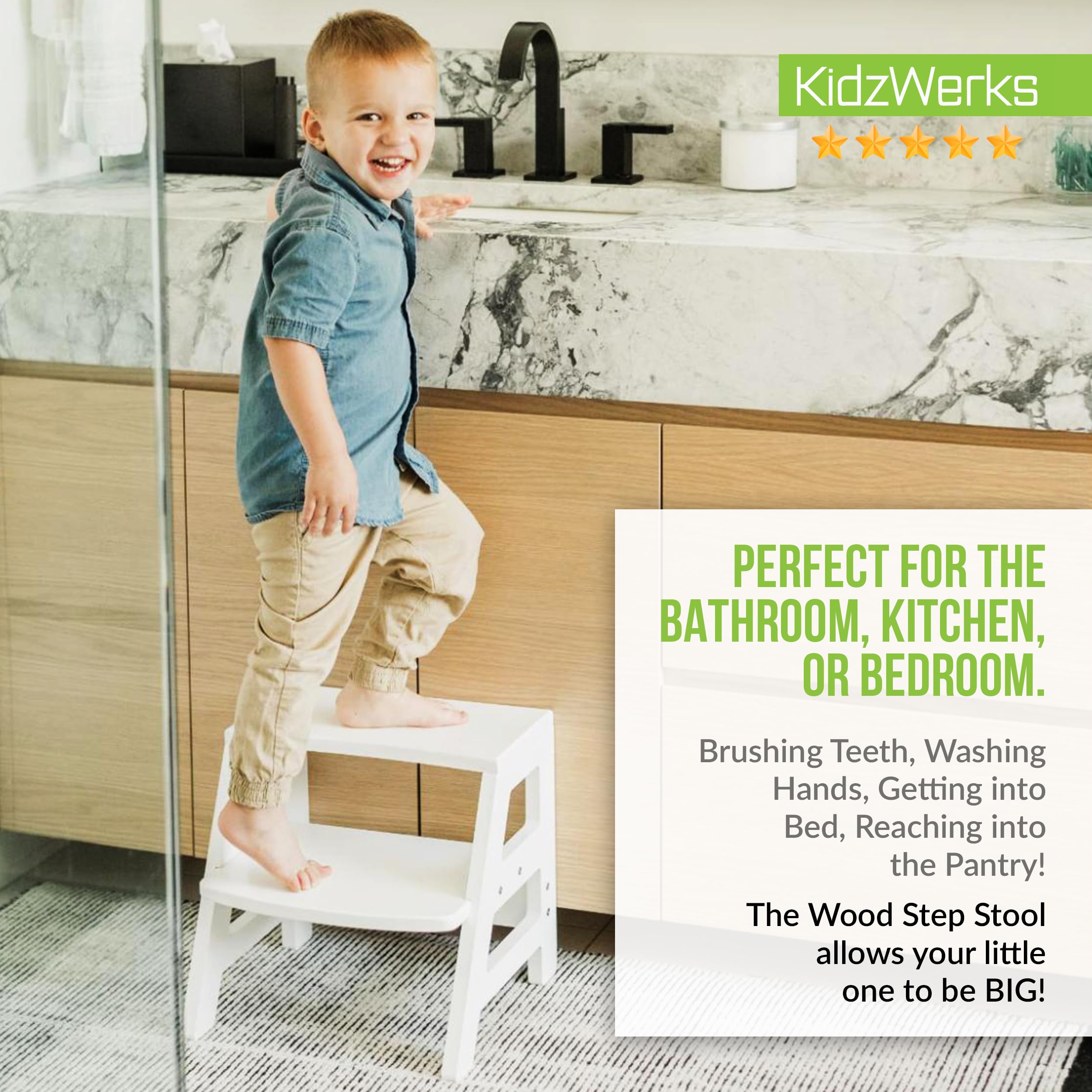 KidzWerks Kids Step Stool for Toddlers Bathroom Kitchen Potty Wooden Children’s Stepping Standing 2-Step Ladder, White