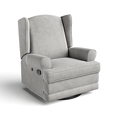 Storkcraft Serenity Upholstered Swivel Glider with USB Charging Port (Steel) – Fully Upholstered Wingback Nursery Glider Recliner with Manual Recline Function, 2 USB Charging Ports, 360 Swivel Base