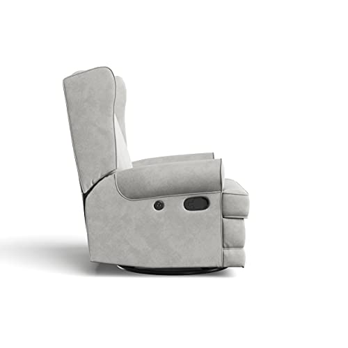 Storkcraft Serenity Upholstered Swivel Glider with USB Charging Port (Steel) – Fully Upholstered Wingback Nursery Glider Recliner with Manual Recline Function, 2 USB Charging Ports, 360 Swivel Base