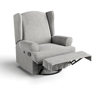 Storkcraft Serenity Upholstered Swivel Glider with USB Charging Port (Steel) – Fully Upholstered Wingback Nursery Glider Recliner with Manual Recline Function, 2 USB Charging Ports, 360 Swivel Base