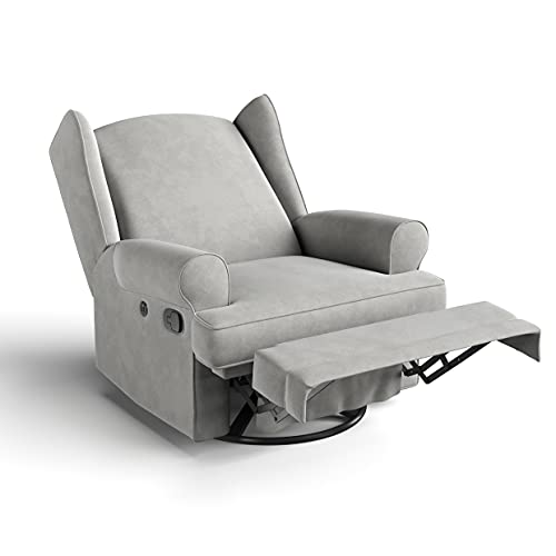 Storkcraft Serenity Upholstered Swivel Glider with USB Charging Port (Steel) – Fully Upholstered Wingback Nursery Glider Recliner with Manual Recline Function, 2 USB Charging Ports, 360 Swivel Base