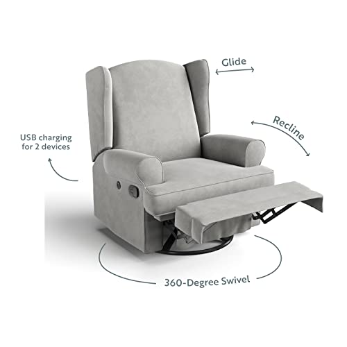 Storkcraft Serenity Upholstered Swivel Glider with USB Charging Port (Steel) – Fully Upholstered Wingback Nursery Glider Recliner with Manual Recline Function, 2 USB Charging Ports, 360 Swivel Base