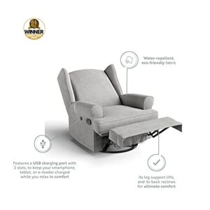 Storkcraft Serenity Upholstered Swivel Glider with USB Charging Port (Steel) – Fully Upholstered Wingback Nursery Glider Recliner with Manual Recline Function, 2 USB Charging Ports, 360 Swivel Base