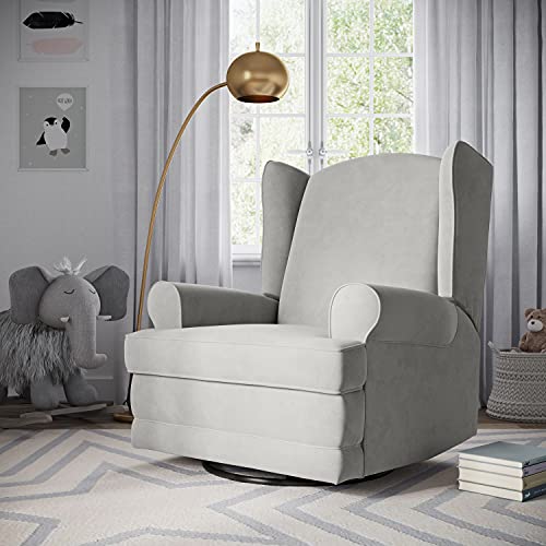 Storkcraft Serenity Upholstered Swivel Glider with USB Charging Port (Steel) – Fully Upholstered Wingback Nursery Glider Recliner with Manual Recline Function, 2 USB Charging Ports, 360 Swivel Base