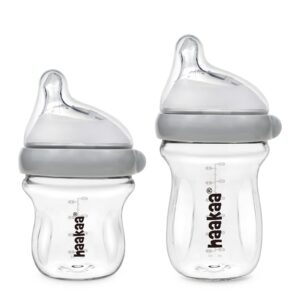 haakaa gen.3 natural glass baby bottle set 4oz & 6oz - wide neck anti-colic slow varibale flow nipple, 0m+ 3m+ 6m+ breastfed babies