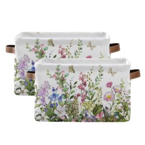 Large Foldable Storage Bin Colorful Herbs and Flowers Fabric Storage Baskets Collapsible Decorative Baskets Organizing Basket Bin with PU Handles for Shelves Home Closet Bedroom Living Room-2Pack