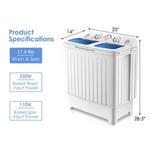 RELAX4LIFE Portable Washing Machine Compact Twin Tub 17.6 lbs with Wash (11 lbs) and Spin (6.6 lbs) Cycle, Time Control and Drain Hose, Mini Laundry Washer for Camping, Apartments, Dorm and RV Washer