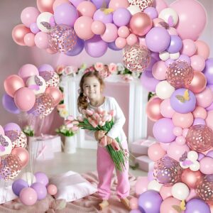 151PCS Pink Balloon Garland Arch Kit Rose Gold White Pink and Purple Balloons Confetti Latex Balloons Butterfly Stickers Decorations for Birthday Party Mothers Day Wedding Baby Shower Decorations