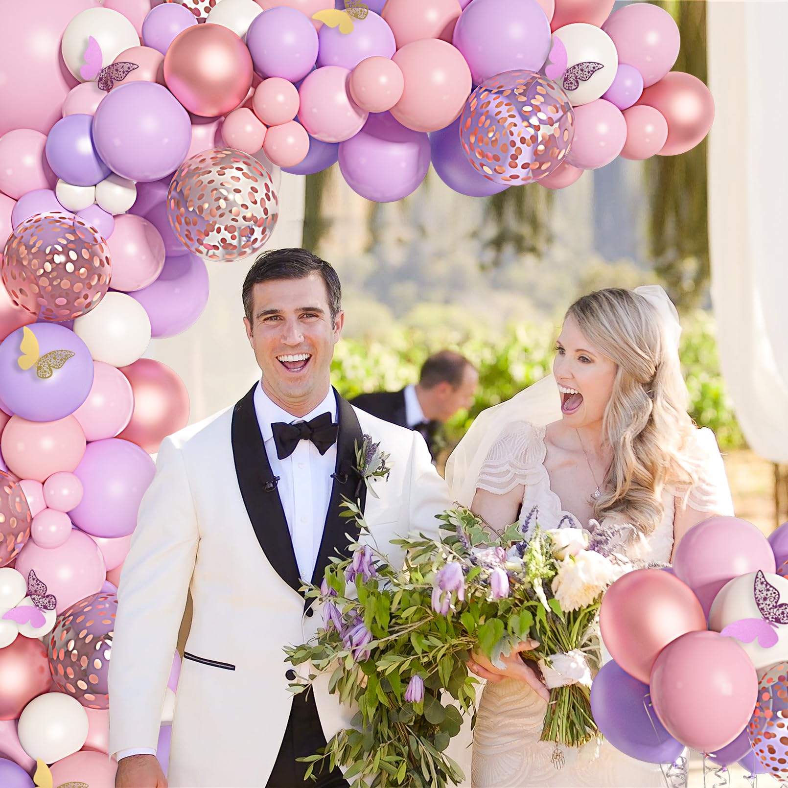 151PCS Pink Balloon Garland Arch Kit Rose Gold White Pink and Purple Balloons Confetti Latex Balloons Butterfly Stickers Decorations for Birthday Party Mothers Day Wedding Baby Shower Decorations