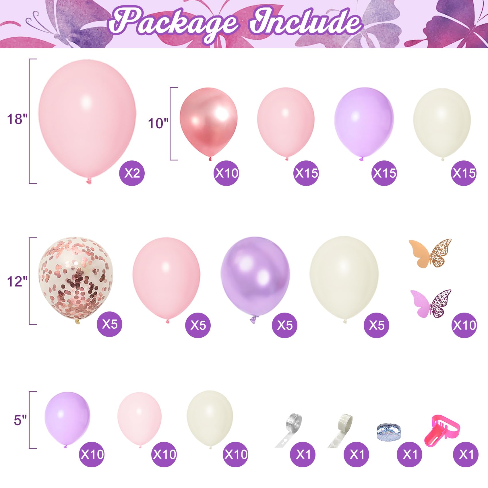 151PCS Pink Balloon Garland Arch Kit Rose Gold White Pink and Purple Balloons Confetti Latex Balloons Butterfly Stickers Decorations for Birthday Party Mothers Day Wedding Baby Shower Decorations