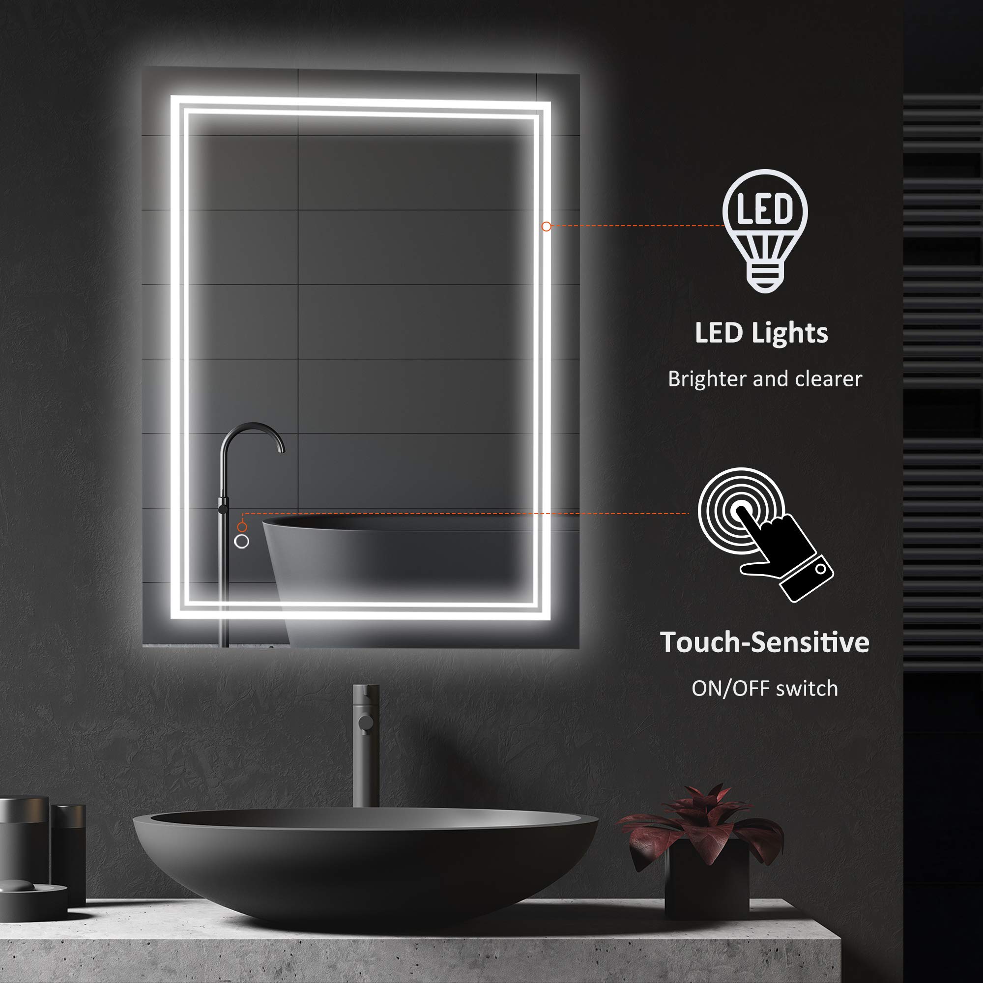 kleankin 32" x 24" LED Bathroom Mirror, Lighted Vanity Mirror, Wall Mounted with Smart Touch Button, Horizontally and Vertically, Waterproof, Plug-in, Silver