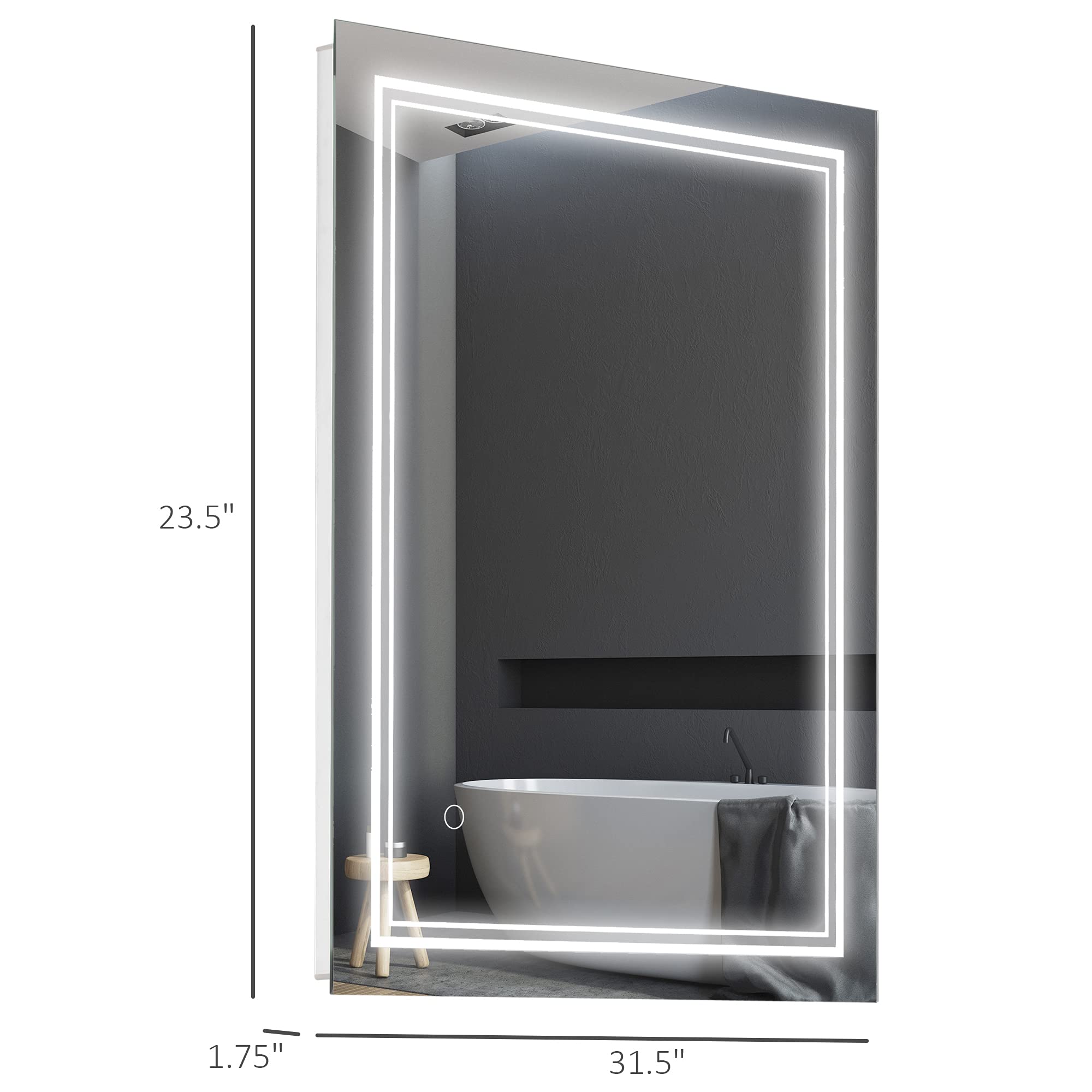 kleankin 32" x 24" LED Bathroom Mirror, Lighted Vanity Mirror, Wall Mounted with Smart Touch Button, Horizontally and Vertically, Waterproof, Plug-in, Silver