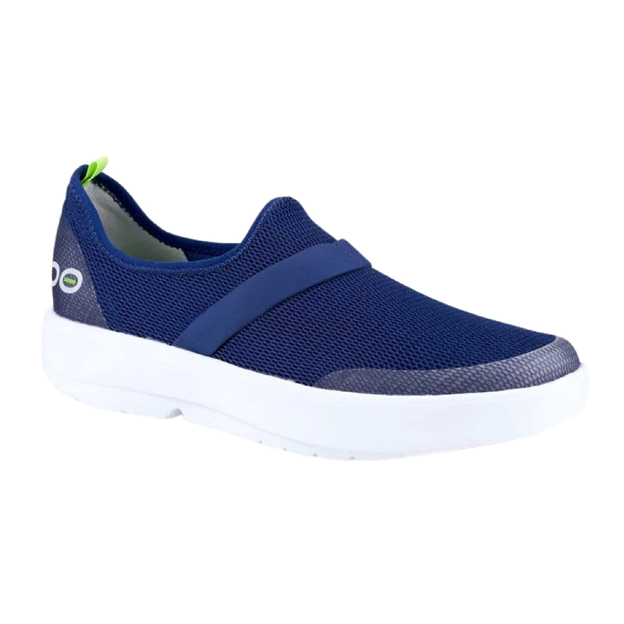 OOFOS OOmg Low Shoe, Navy & White - Women’s Size 9.5 - Lightweight Recovery Footwear - Reduces Stress on Feet, Joints & Back - Machine Washable