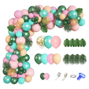 140pcs jungle safari theme birthday party supplies, tropical balloon garland arch kit decorations pink and green balloons tropical leaves kids girl hawaii wild one baby shower birthday party supplies