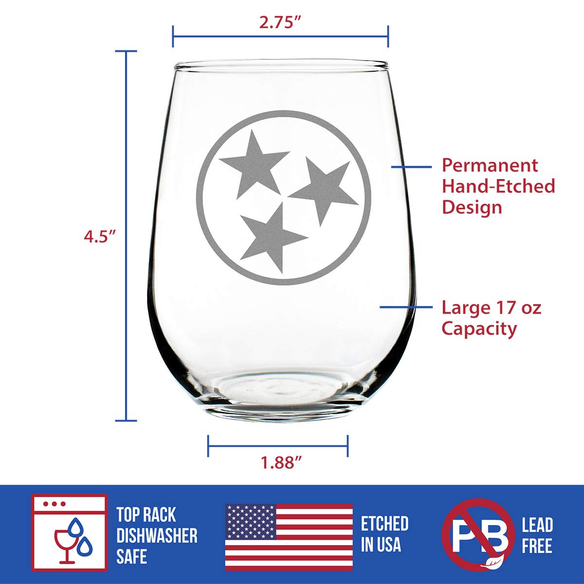 Tennessee Flag Stemless Wine Glass - State Themed Drinking Decor and Gifts for Tennessean Women & Men - Large 17 Oz Glasses