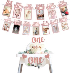 rose gold 1st birthday baby photo banner for newborn to 12 months and alphabet one bunting, alphabet one cake topper for baby show first birthday party decoration