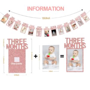 Rose Gold 1st Birthday Baby Photo Banner for Newborn to 12 Months And Alphabet ONE Bunting, Alphabet ONE Cake Topper for Baby Show First Birthday Party Decoration