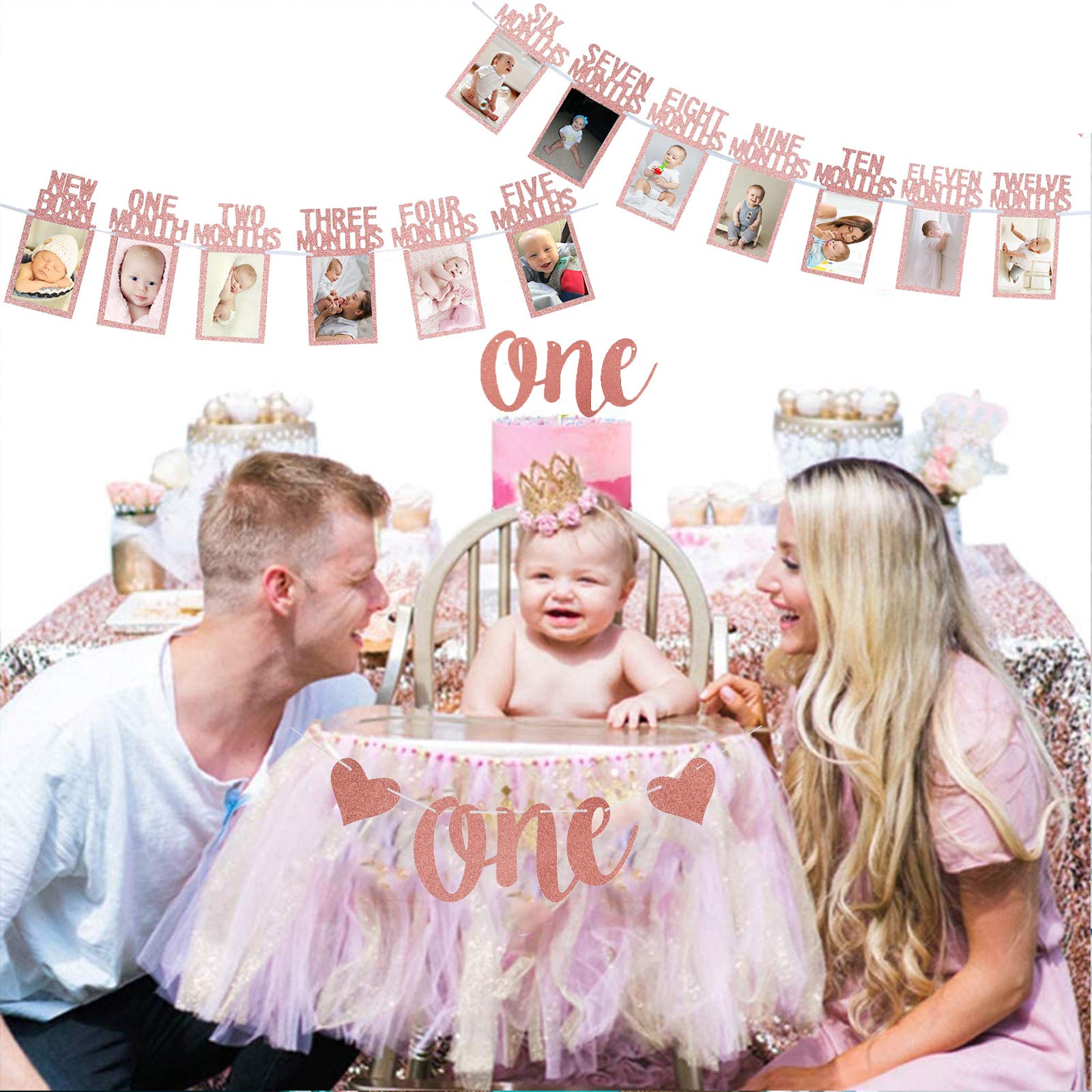 Rose Gold 1st Birthday Baby Photo Banner for Newborn to 12 Months And Alphabet ONE Bunting, Alphabet ONE Cake Topper for Baby Show First Birthday Party Decoration