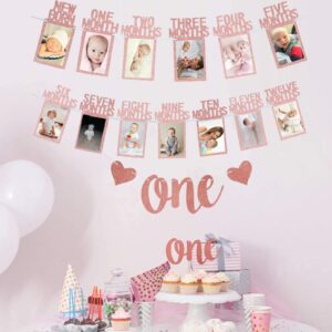 Rose Gold 1st Birthday Baby Photo Banner for Newborn to 12 Months And Alphabet ONE Bunting, Alphabet ONE Cake Topper for Baby Show First Birthday Party Decoration