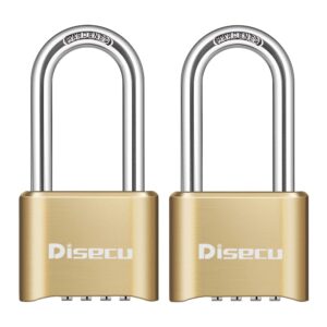disecu heavy duty 4 digit combination lock 2.5 inch long shackle outdoor waterproof padlock for school gym locker, fence, gate, case, hasp storage (brass, 2 pack)